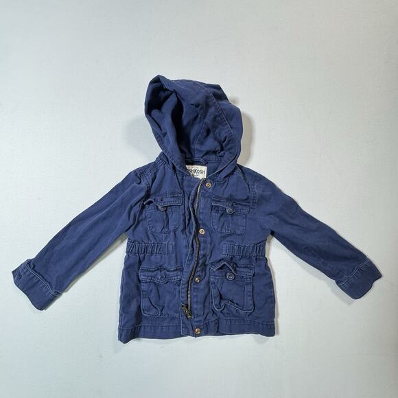 OshKosh B’gosh Boys Girls Utility Jacket 3T Blue Hooded Cotton Coat Pockets - Picture 1 of 8